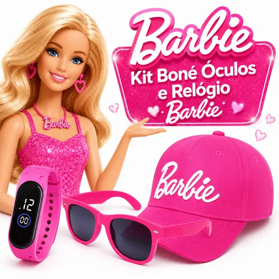 Kit Barbie Infantil Boné Óculos Relógio Digital Menina Ajustável Presente Aniversário Rosa