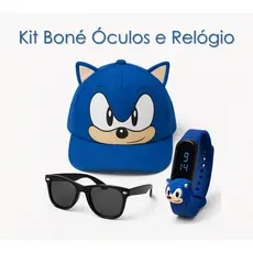 Kit Boné Sonic Orelhinha com Óculos e Relógio a prova d'agua Presente dia Das Crianças