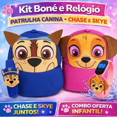 Kit Patrulha Canina Infantil Boné + Relógio Digital À Prova D’Água Chase ou Skye