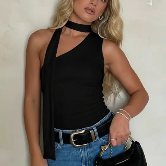 Blusa feminina assimétrica um ombro só gola choker amarra no pescoço -  Drapeado na cintura Elegante Sexi  Moda Gringa