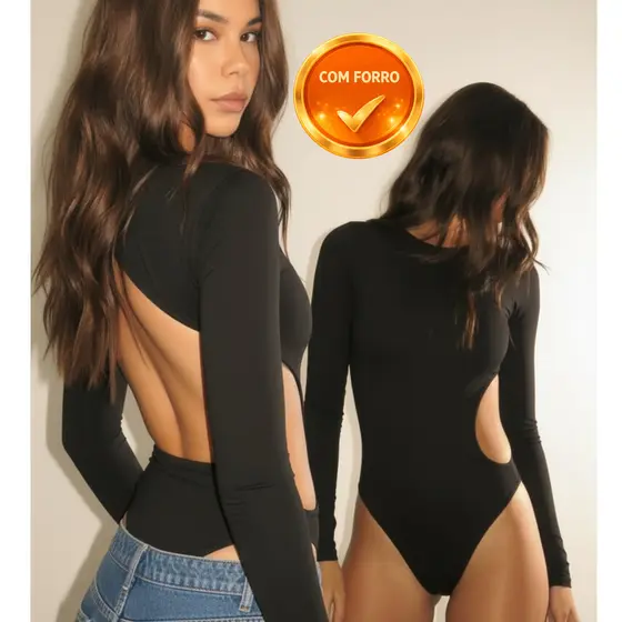 Body Feminino Costa Nua Manga Longa Recorte Suplex Premium Com Forro Moda Gringa Tendência Blogueira