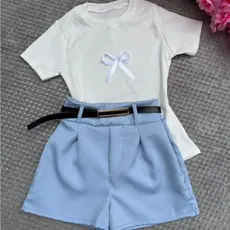 KIT 3 Peças conjunto infantil blusa + short  e cinto menina infantil  4 ao 12