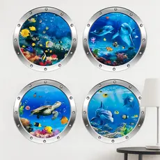 Kit 4 Adesivos Decorativos 3D Fundo do Mar PVC  Golfinho, Peixes, Tartaruga – Impermeável, Removível, Parede Lisa Quarto
