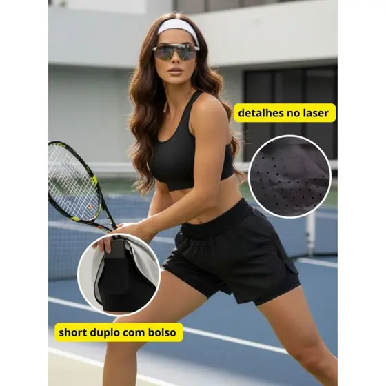 Short 2 Em 1 Compress茫o Duplo Feminino Com Bolso Academia Fit Treino