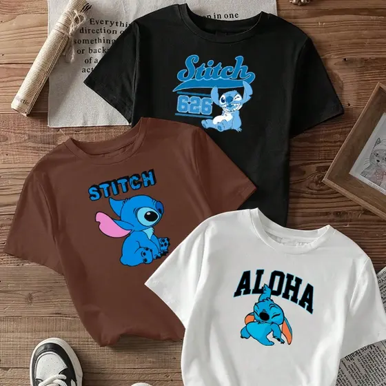 Blusa Kit com 3 blusas femininas de algodão premium estampa Stitch626 Stitch Aloha blusa marrom