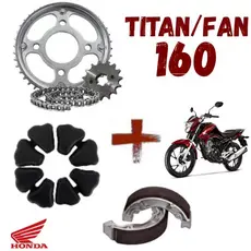 Kit Relação/Transmissão/Tração Titan/Fan/Start 160 2016 Em Diante + Patins De Freio + Coxim Da Coroa