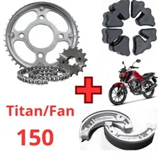 Kit Transmissão/Relação/Tração Titan 150/Fan 150 + Coxim Da Coroa + Patins De Freio