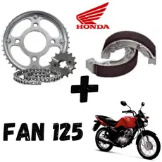 Kit Relação Transmissão Tração aço 1045 + Patins (Lona) De Freio FAN 125 2009 à 2017