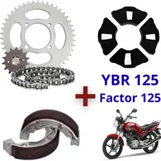 Kit Relação/Transmissão/Tração + Coxim (Bucha) Da Coroa + Patins De Freio YBR 125 (2000 à 2008) Factor 125 (2009 à 2014)