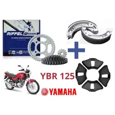 Kit Transmissão Relação Tração RIFFEL YBR/FACTOR 125 + Patins (Lona) De Freio + Coxim (Bucha) Da Coroa De 2000 à 2016