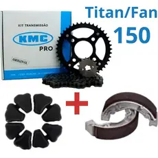 kit Transmissão Relação Tração KMC ORIGINAL TITAN/FAN 2004 à 2015 + Patins de Freio + Coxim Da Coroa