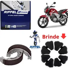 Kit Relação-Tração-Transmissão RIFFEL TITAN 150 2004 a 2015 FAN 150 2009 a 2015+Patins De Freio+Coxim Da Coroa