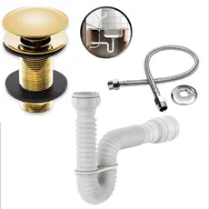 Kit De Banheiro, Valvula Click Inox Cor Dourada + Engate Inox 40 Cm + Sifao Universal 70 Cm