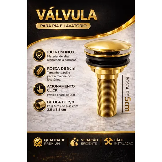Link Metais, Ralinho em Inox Para Pia De Banheiro, Valvula 100% Inox Dourada, Valvula Clic