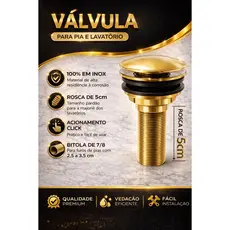 Link Metais, Ralinho em Inox Para Pia De Banheiro, Valvula 100% Inox Dourada, Valvula Clic