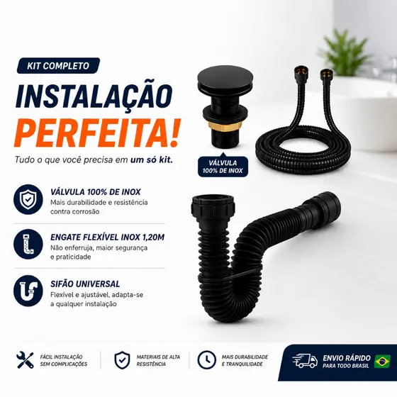 Conjunto Preto em Inox Para Banheiro Valvula 7/8 Inox, Engate 1,20 Metros Inox e Sifao Universal