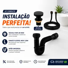 Conjunto Preto em Inox Para Banheiro Valvula 7/8 Inox, Engate 1,20 Metros Inox e Sifao Universal
