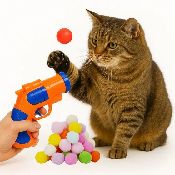 Brinquedo Interativo para Gato Lança Bolas de Pelúcia Lançador de Bolinha para Cachorro Pequeno