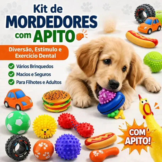 Kit 2/3/5/7 Mordedor Brinquedos Pet Com Apito Resistente Saudável Anti Estresse De Borracha Atóxica