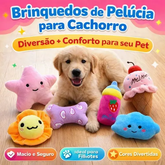 Kit 6 Pelucia Pet Aleatoria Para Cães Divertido Colorido Brinquedo Mordedor Apito Embutido