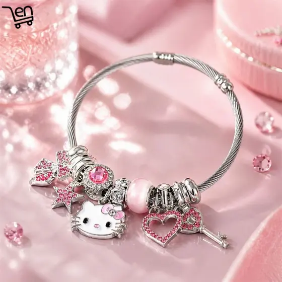 Bracelete Pulseira Hello Kitty Rosa Com Pingentes Tamanho Ajustável Presente