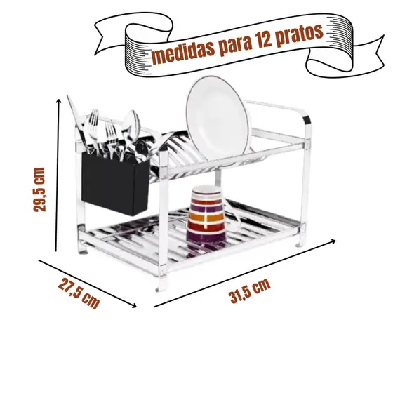 Escorredor De Louça Inox 12 Pratos Inox Não Enferruja
