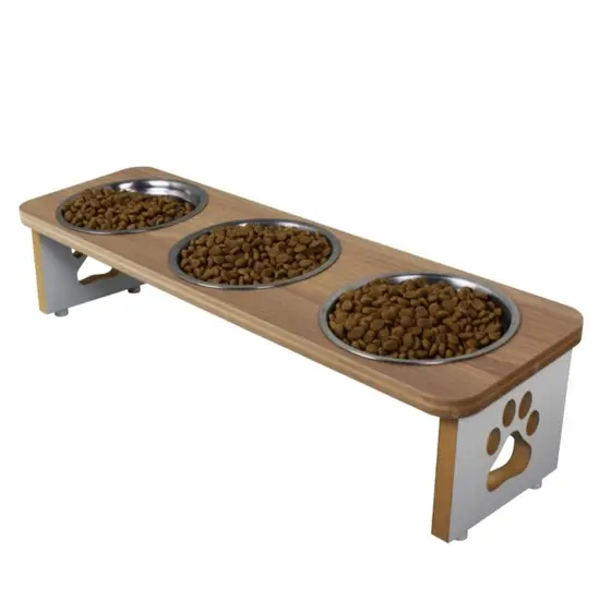 Comedouro Elevado Triplo Cachorro Pet MDF Tigela Metal Linha Tradicional
