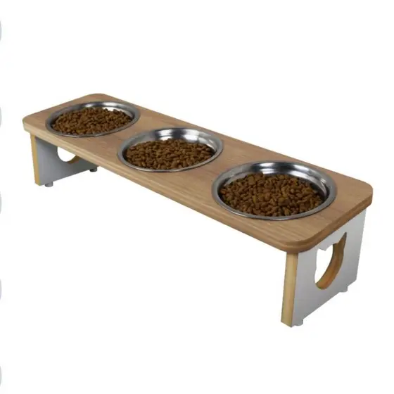 Comedouro Elevado Triplo Gato Pet MDF Tigela Metal Linha Tradicional