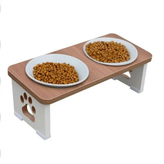 Comedouro Duplo Pet Ergonômico Cachorro Elevado Premium em MDF com Tigelas Porcelana e Inox