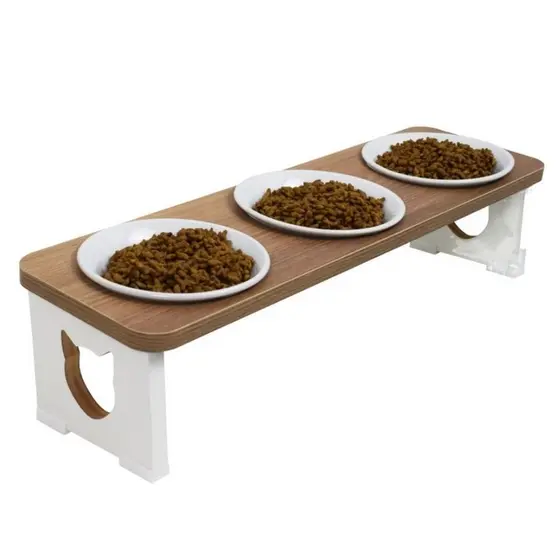 Comedouro Elevado Triplo Pet Para Gato MDF Linha Premium