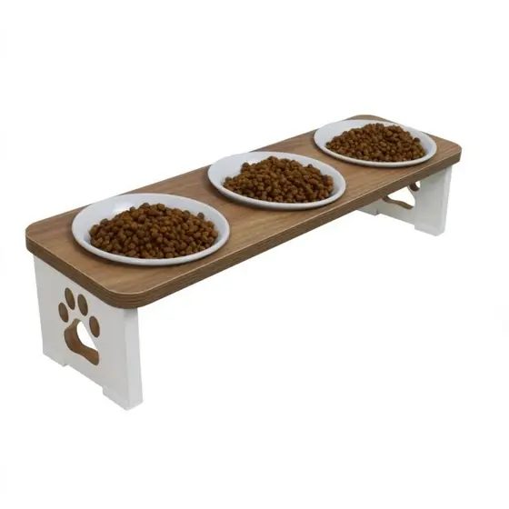 Comedouro Elevado Triplo Pet Para Cachorro MDF Linha Premium