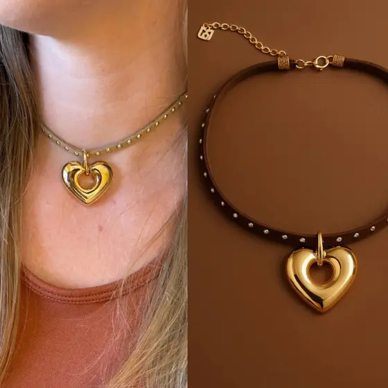 Colar Choker Sertão Camurça Coração Vazado Feminino Acessorio Dourado Country Western Couro