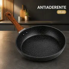 Frigideira Antiaderente de Alumínio Revestimento Cerâmico Premium Funda Cabo Madeira Não Gruda