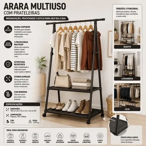 Arara Multiuso Organizador Roupas Com Prateleiras Resistente Preta