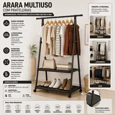 Arara Multiuso Organizador Roupas Com Prateleiras Resistente Preta