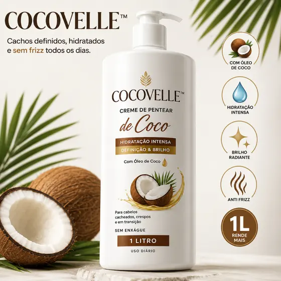 Creme de Pentear Coco 1L Cacheados Crespos Anti Frizz Hidratação Intensa Definição dos Cachos Sem Enxágue
