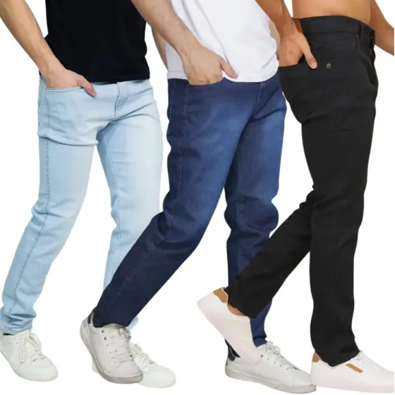 Kit Calças Jeans Masculinas com Elastano Slim – Jeans Claro, Jeans Escuro e Preto – NF