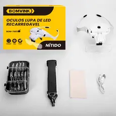 Lupa de Cabeça Profissional 2 LEDS 5 lentes aumento Branco USB Recarregável