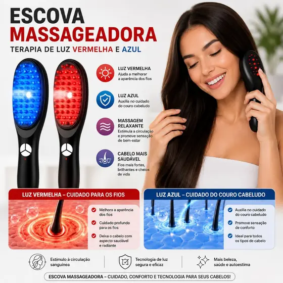 Escova Massageadora 4 em 1 C/ LED e Laser Tratamento Capilar Luz Terapia