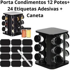 Porta Condimentos Temperos Giratório 12 Potes Vidro 90G Tampa Dosadora Preto + 24 Etiquetas + Caneta