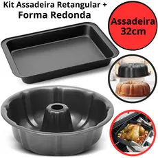 Kit Forma Assadeira Antiaderente 32cm + Forma Bolo com Furo Central 24cm De Aço Carbono Teflon