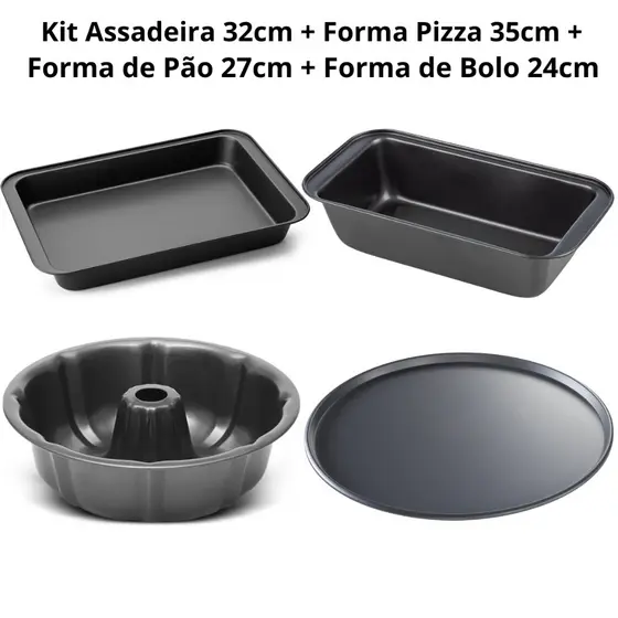 Conjunto De Formas Assadeiras 4 Peças Antiaderentes Bolo Pizza Tortas Pão Aço Carbono Não Gruda