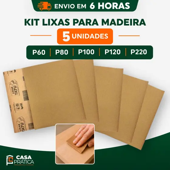 Kit 5 Folhas De Lixa Para Madeira Mdf Compensados Marceneiro Artesanato Grao 60 80 100 120 220