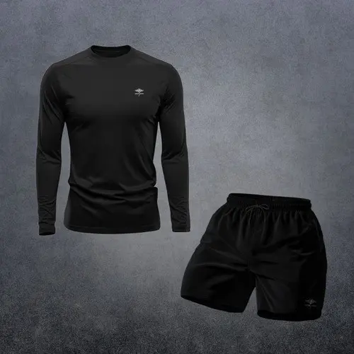 Conjunto Camiseta Dry Fit Manga Longa Proteção Uv e Short Masculino Academia Praia