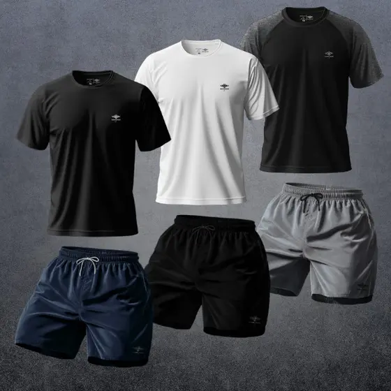 Kit 6 Masculino: 3 Camisetas Dry Fit Academia e 3 Short Masculino Verão P ao Plus
