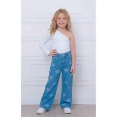 CALÇA JEANS FEMININA INFANTIL WIDE LEG 4/8c/ Elástico Barra Larga Moda Blogueirinha