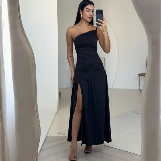 Vestido Longo Serena Franzido Saia Rodada com Fenda Feminino Elegante Casual Moda