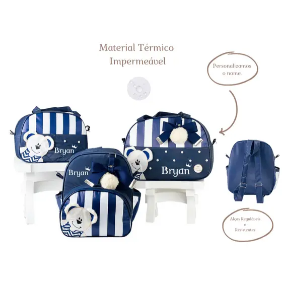 Bolsa Maternidade Personalizada Menina Menino Ursa Listrada 03 Peças