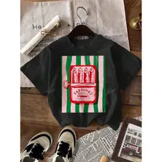 Camiseta Casual Feminina de Gola Redonda e Manga Curta Com Estampa de Latas de Sardinha, Looks de Praia de Verão TrendBo