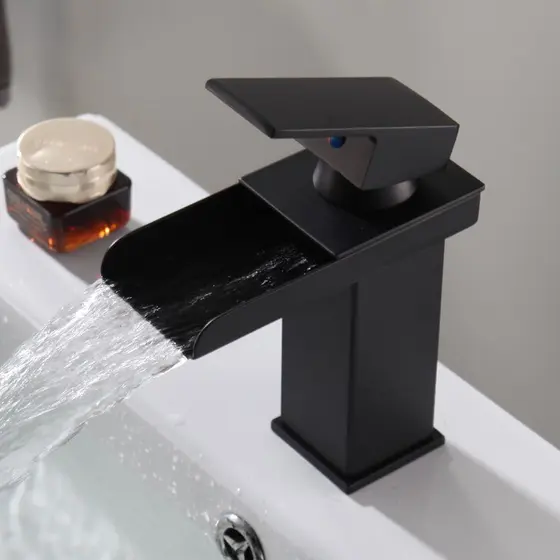 Torneira Mesa Cuba INOX Baixa Preta Banheiro Cascata Aberta Lavatório Misturador Água Quente e Fria